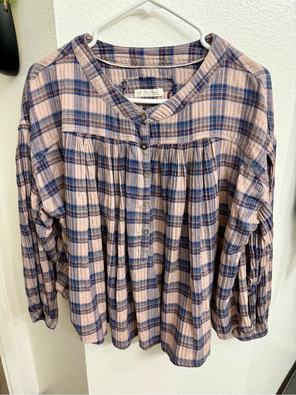 Free People We The Free Jessi Plaid Peasant Top Blouse Pink Combo -Small